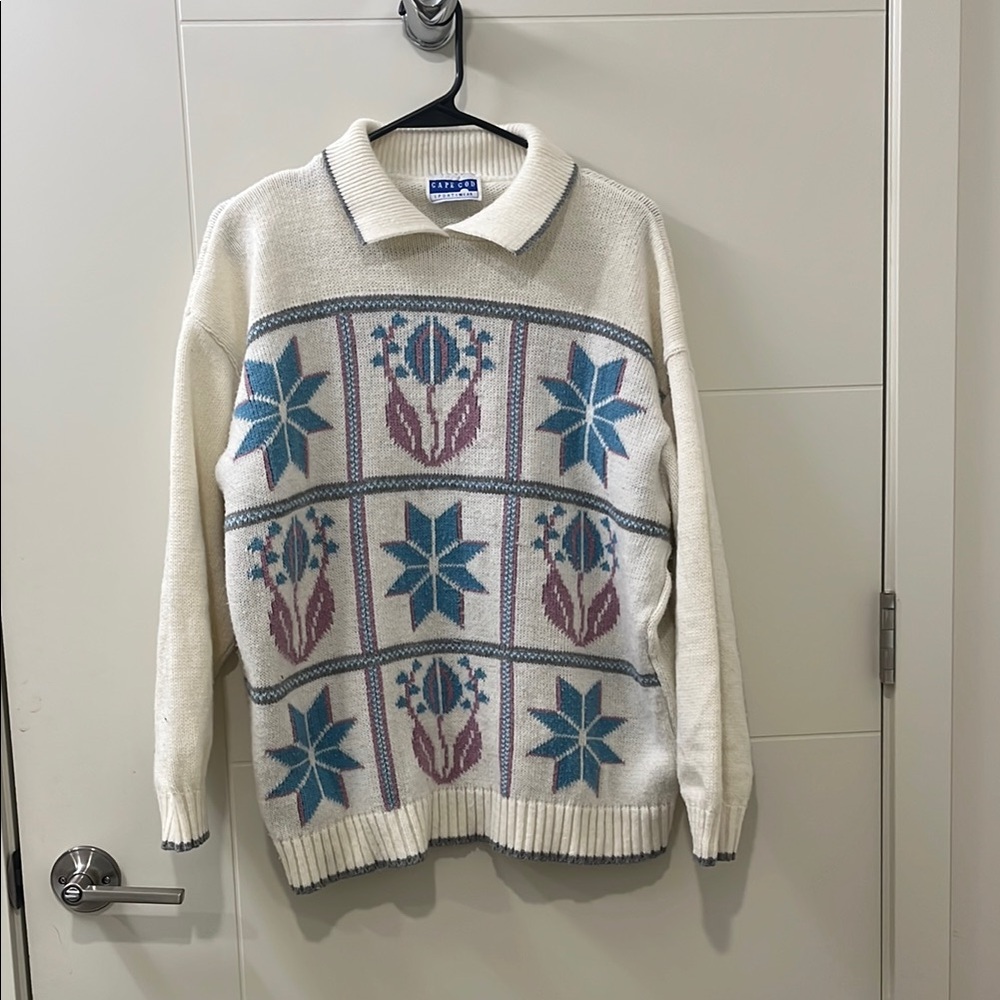 Cape Cod Sportswear: Vintage Patterned Sweater - Cream, Blue, and Purple